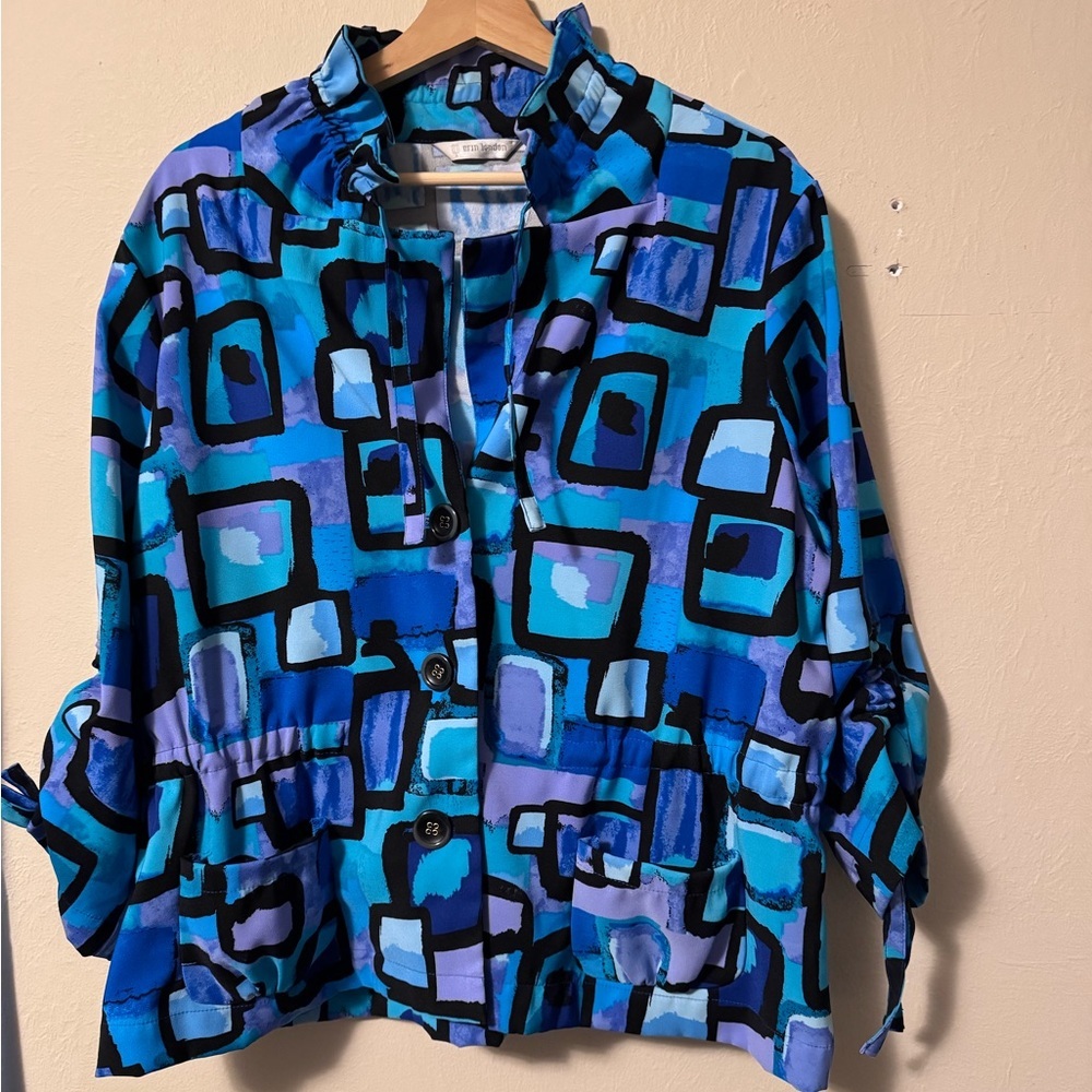 erin london contemporary print jacket with drawstring waist tie sleeves Size XL